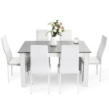 Image of Mondeer 7PCS Dining Set Grey Table 6 White HIGH BACK Faux Leather Chairs Kitchen