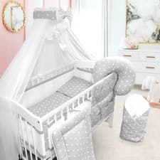 Image of Baby Cot Bedding Set 14Pc Fit Cot 120x60cm Small White On Grey