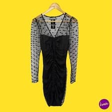 Image of QUIZ Women's Ruched Mesh Polka Dot Blouse, Sheer Top Panel, Black, UK 12 | EU 40