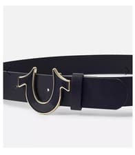 Image of True Religion Mens Belt Size 34 Sage II Enamel Horseshoe Black/Gold buckle