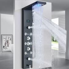 Image of LED Shower Panel Column Tower Stainless Steel Body Jet Twin Head Rain Set Black