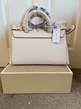 Image of GUESS Levante Satchel Handbag Women's Stone Faux Leather