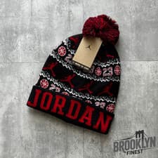 Image of Nike Air Jordan Mens Peak Beanie Black Red Pom Authentic One Size [ FN4673-010 ]
