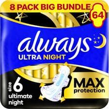 Image of 64 x Always Ultra Sanitary Towels Secure Ultimate Night (Size 6) with Wings
