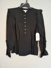 Image of Time And Tru Black Ruffle Button EcoVero Blouse Round Neck Long Sleeve S (4-6)