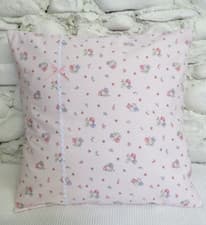 Image of Cushion Cover, Cotton, 18", Tiny Flowers, Rick Rack, Bow, Pinks, Blue, Hearts.