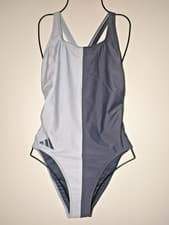 Image of Adidas Women's UK 38" Blue 3 Bars ColourBlock Soft Lycra CB One Piece Swimsuit