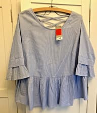 Image of George Blue White stripe Smock Top peplum and frill detail Womens UK 12