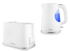 Image of Tower Sonar White Kettle & 2 Slice Toaster. Chrome Accents Stylish Ripple Design
