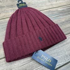 Image of Polo Ralph Lauren Signature Wool Blend Cuffed Beanie Burgundy Navy Pony New