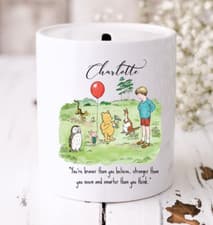 Image of Personalised Winnie the Pooh Money Box With Quote Ceramic Savings Jar Gift Idea