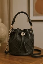 Image of New Tory Burch Soft Fleming Small Bucket Bag Black Quilted Leather Crossbody