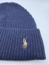 Image of Polo Ralph Lauren Ribbed Beanie Navy Wool Blend Winter Hat Unisex Preppy Warm