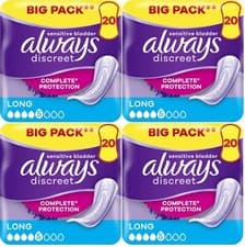 Image of Always Discreet Incontinence Pads Women, Long, 80 High Absorbency Pads 20 x 4