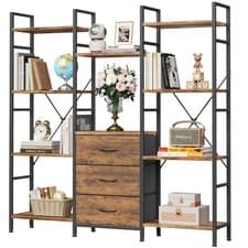 Image of OYRREU 100W x142Hcm Tall Bookcase with 3 Fabric 4 Tier-100cm, Rustic Wood