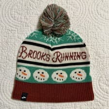 Image of Brooks Running Cap Beanie OS Green Brown Fair Isle Snowmen Pom Pom Run Merry Pom