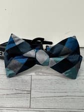 Image of Express 100% Silk Bow Tie Teal Black Gray Check Pre Tied Adj Classic Prep $39nwt