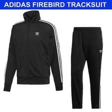 Image of Adidas Mens Tracksuit Firebird Black Top and Bottoms Set Zip Up Jacket