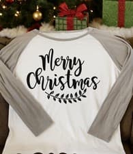 Image of Merry Christmas Garland Raglan Baseball Tee White Gray Sleeve Holiday Shirt M