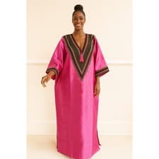 Image of pink Long Mikado Silk Gown With Aso Oke Patch V Neck Line With S Pockets