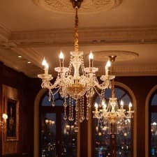 Image of Gold 6-Light Crystal Chandelier Curved Arm Ceiling Pendant Light with E14 Bulbs