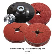 Image of 115mm Plastic Backing Pad for Angle Grinder & 30 x 36 Grit Fibre Sanding Discs