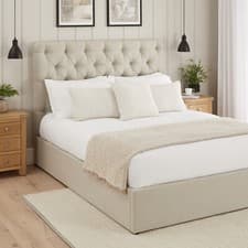 Image of 4ft 6in Double Bed Chesterfield Button Size Storage Ottoman Natural Linen Fabric
