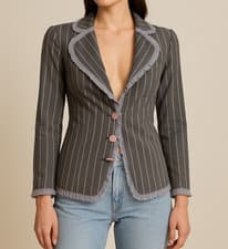 Image of Emporio Armani Grey Striped Fitted Blazer – Size XL | 3/4 Sleeves | Logo Button