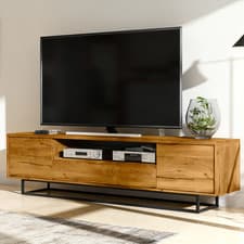 Image of 200cm TV Unit Oak | Metal Frame, Drawer & Shelves | Modern Media Cabinet Storage