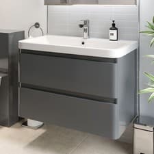 Image of Grey Gloss Wall Hung Vanity Unit & Basin - 800mm Width Modern Bathroom Storage