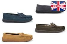 Image of Mens Moccasin Slippers Size 6 Boys Leather Slippers Real Suede Upper Rubber Sole