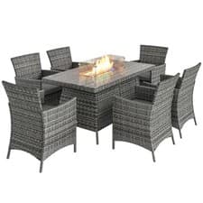 Image of Outsunny Rattan Dining Set with Fire Pit Table and Armchairs, Grey
