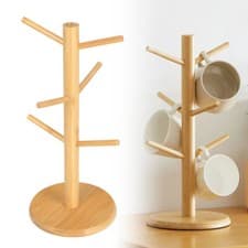 Image of Bamboo Mug Tree Kitchen Mug Holder for Coffee Mugs & Tea Cups 6 Hooks Mugs Rack
