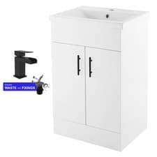 Image of Gloss White 500mm Vanity Unit Bathroom Basin Sink & Black Tap Waste Handle Set