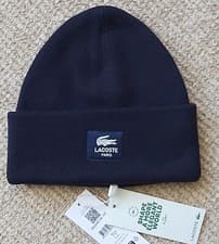 Image of Genuine LACOSTE Navy Ribbed Patch Logo Cuff Beanie Hat Toque UNISEX RB3046 Lac3