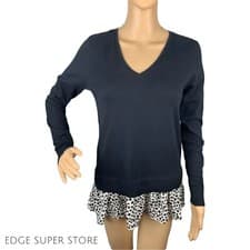 Image of Loft Black White Polka Dot Panel Mixed Media Vneck Cotton Work Sweater Top Sz XS