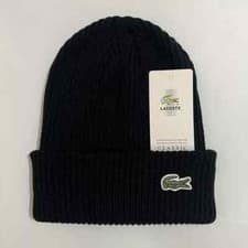 Image of Lacoste Unisex Ribbed Winter Beanie - Classic Brushed Wool Knit Cap Black