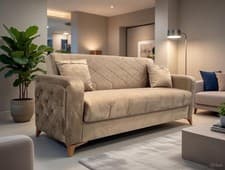Image of Brand New 3 Seater Sofa Bed + Storage. Beige Plush Velvet 2 pillows High Quality