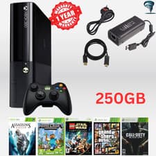 Image of Xbox 360 E  Microsoft 250GB Gloss Black Kit HDMI Cable Refurbished + 5 Games