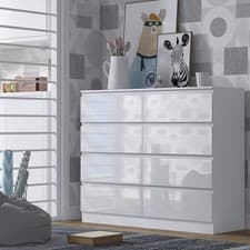 Image of 8 Drawer Chest of Drawers White Gloss Bedroom Large Modern No Handle Design