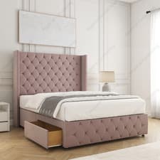 Image of DIVAN WINGED STORAGE BED CHESTERFIELD PLUSH VELVET HEADBOARD DRAWERS & MATTRESS