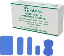 Image of Value Aid Blue Detectable Plasters – Box of 100 Assorted Plasters for Caterin