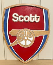 Image of Personalised 3D Arsenal Style Crest Wall Art – Custom Name Wooden Sign (37x31cm)