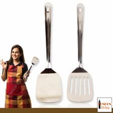 Image of Slotted Turner Silver Metal Non Stick Spatula Heat Resistant Flipper Cooking UK