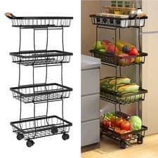 Image of Narrow Metal Fruit Vegetable Storage Kitchen Stackable Basket Rack with Wheels