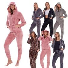 Image of Ladies Hooded Luxury Soft Warm Flannel Fleece Twosie Pyjama Lounge Set Zip Up