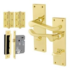 Image of Brass Victorian Scroll Door Handles Internal, Bathroom, Latch, Lock Lever Sets