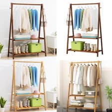 Image of Bamboo Wooden Clothes Rail Rack Folding Garment Hanging Stand Storage Shelf