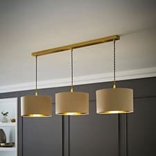 Image of Reni Brushed Gold 3 Way Drop Bar Ceiling Pendant Light Fabric Metallic Shade LED