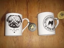 Image of Pair of Pug Fine China Mugs BNWT Different Designs With Green Pug Tray